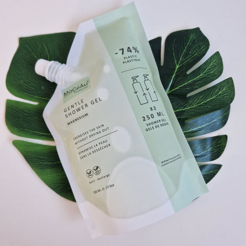 Mageau naturel magnesium skincare product packaging on a leaf with branding visible