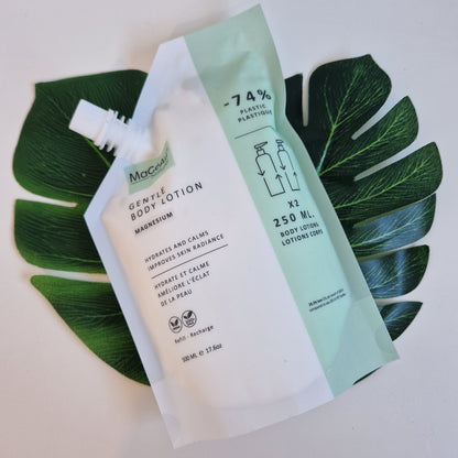 Moisturizing Mageau naturel magnesium lotion packaging on a leaf with green background