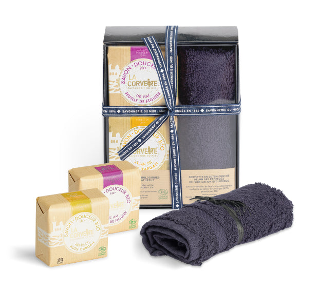 Coffret bain douceur bio savon douceur bio huile d'argan savon douceur bio feuille de figuier serviette main coton bio