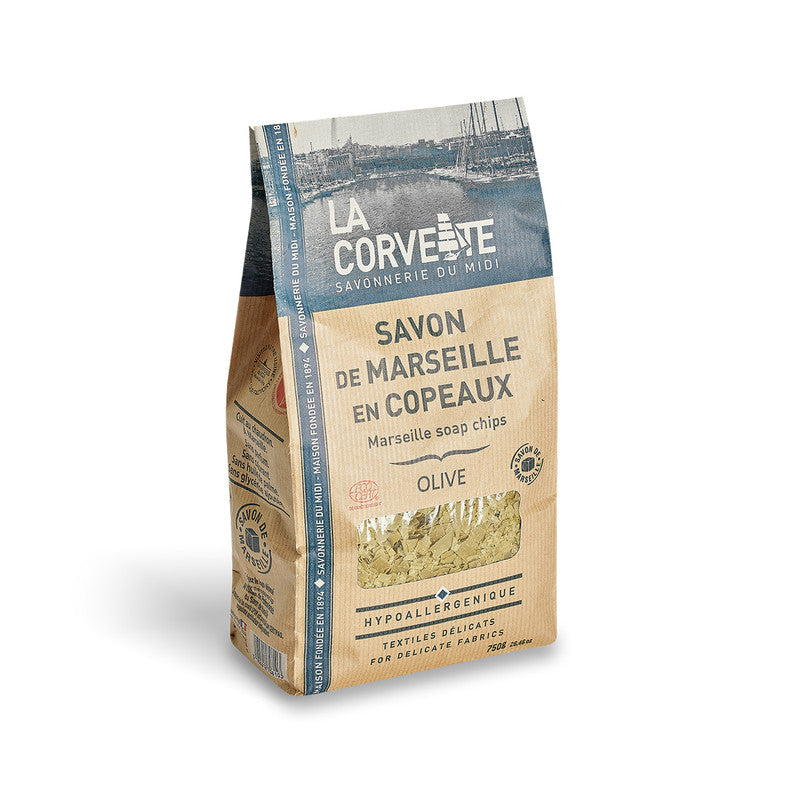 Sachet de savon de marseille en copeaux olive