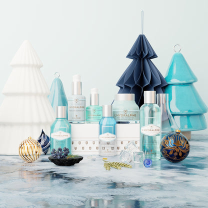 Set oder Geschenkset Ultimative Feuchtigkeitscreme 24h + Feuchtigkeits-Gesichtsserum 24h + Serum gegen Augenringe + Zweiphasiger Make-up-Entferner + Belebendes Gesichtswasser + Reinigungs-Gel mit Peeling L'HYDRALPINE