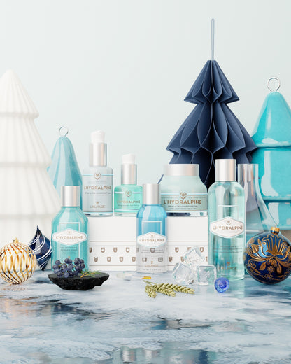Set oder Geschenkset Ultimative Feuchtigkeitscreme 24h + Feuchtigkeits-Gesichtsserum 24h + Serum gegen Augenringe + Zweiphasiger Make-up-Entferner + Belebendes Gesichtswasser + Reinigungs-Gel mit Peeling L'HYDRALPINE