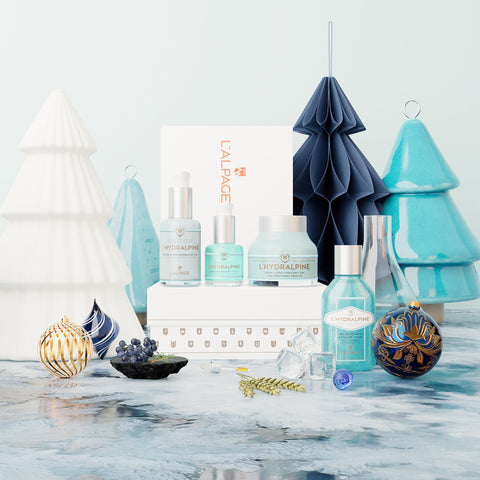 Ensemble ou Coffret Cadeau Crème Visage Hydratante 24h + Sérum Visage Hydratant 24h + Sérum Regard Anti-Poches + Gel Nettoyant Exfoliant L'HYDRALPINE