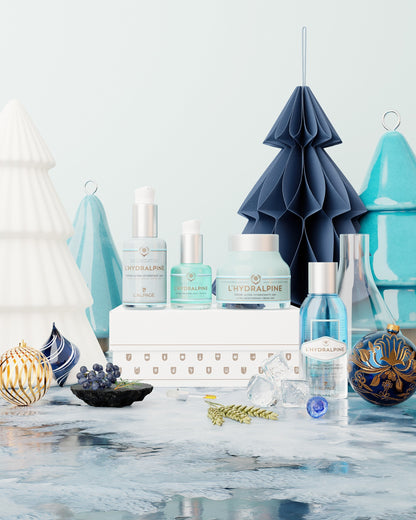 Ensemble ou Coffret Cadeau Crème Visage Hydratante 24h + Sérum Visage Hydratant 24h + Sérum Regard Anti-Poches + Démaquillant Bi-Phasé Résistant à l'eau L'HYDRALPINE
