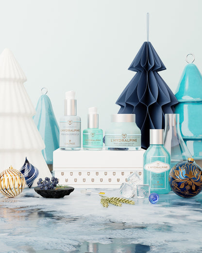Ensemble ou Coffret Cadeau Crème Visage Hydratante 24h + Sérum Visage Hydratant 24h + Sérum Regard Anti-Poches + Gel Nettoyant Exfoliant L'HYDRALPINE