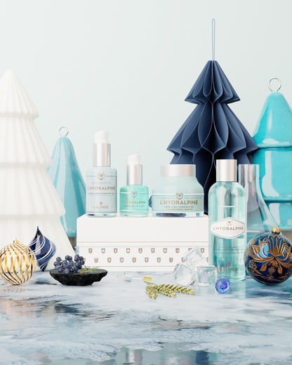 Ensemble ou Coffret Cadeau Crème Visage Hydratante 24 h + Sérum Visage Hydratante 24 h + Sérum Regard Anti-Poches + Eau Tonifiante Démaquillante L'HYDRALPINE