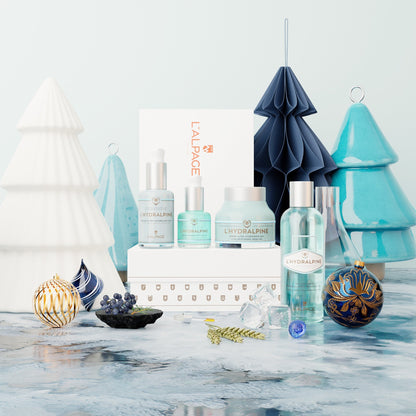 Ensemble ou Coffret Cadeau Crème Visage Hydratante 24 h + Sérum Visage Hydratante 24 h + Sérum Regard Anti-Poches + Eau Tonifiante Démaquillante L'HYDRALPINE