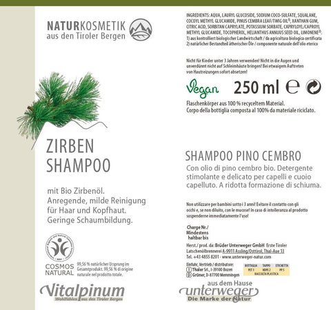Zirben Shampoo mit Bio Zirbenöl – mildes & pflegendes Shampoo für Haare | Unterweger 235ml