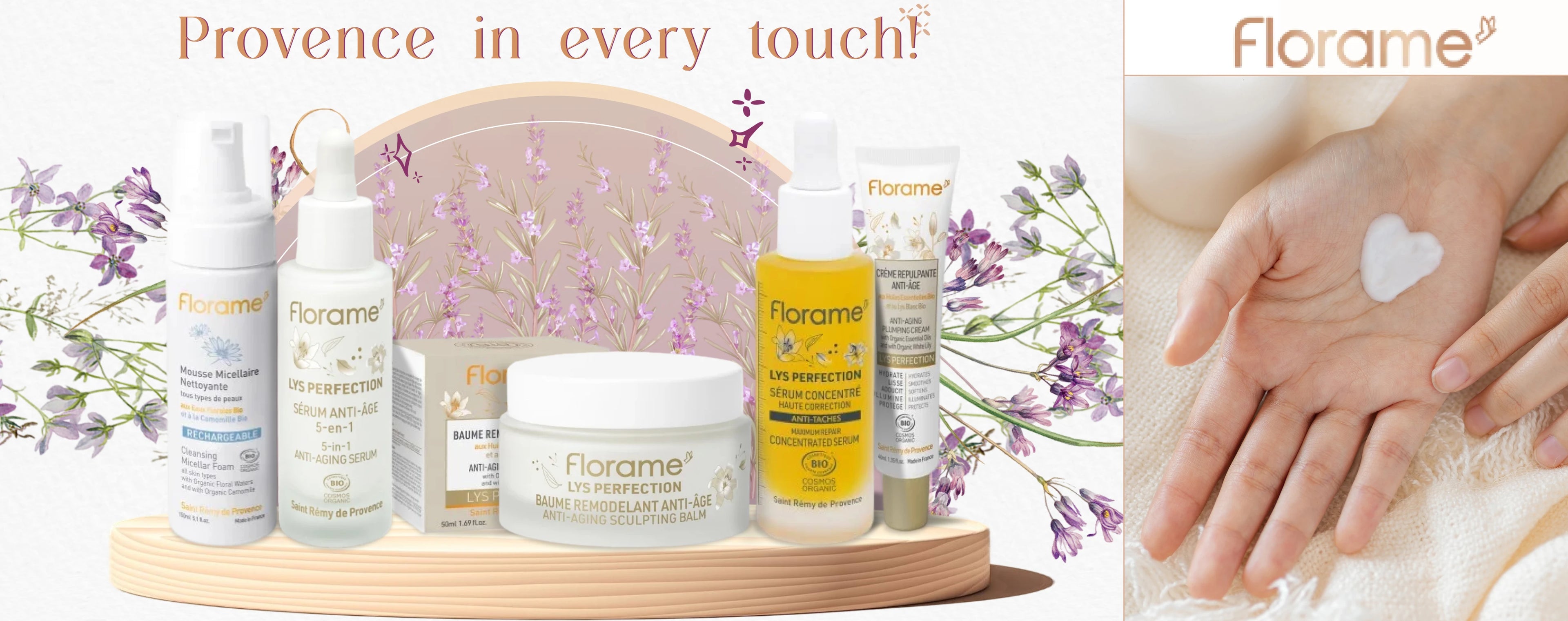 Florame skincare products on a wooden tray with floral background and close-up of hands with product.