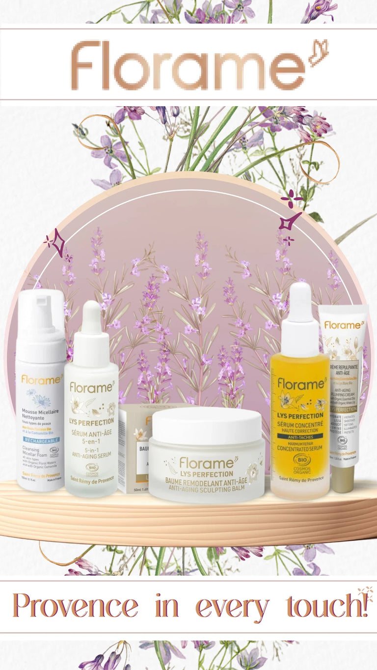 Florame skincare products on a wooden shelf with floral background
