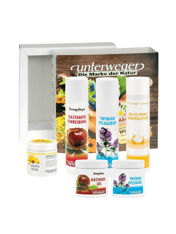Coffret cadeau de soins Unterweger – Coffret de cosmétiques naturels avec châtaigne, arnica, thym et miel pour le soin des muscles et de la peau