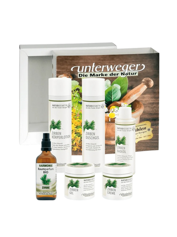 Coffret-cadeau en pin cembro de Unterweger – coffret de cosmétique naturelle avec huile bio de pin cembro pour le soin et la détente dans un élégant coffret en bois