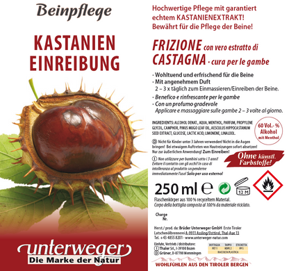 Kastanien Beinlotion für schwere & müde Beine – erfrischende Pflege mit Rosskastanie | Unterweger 250ml