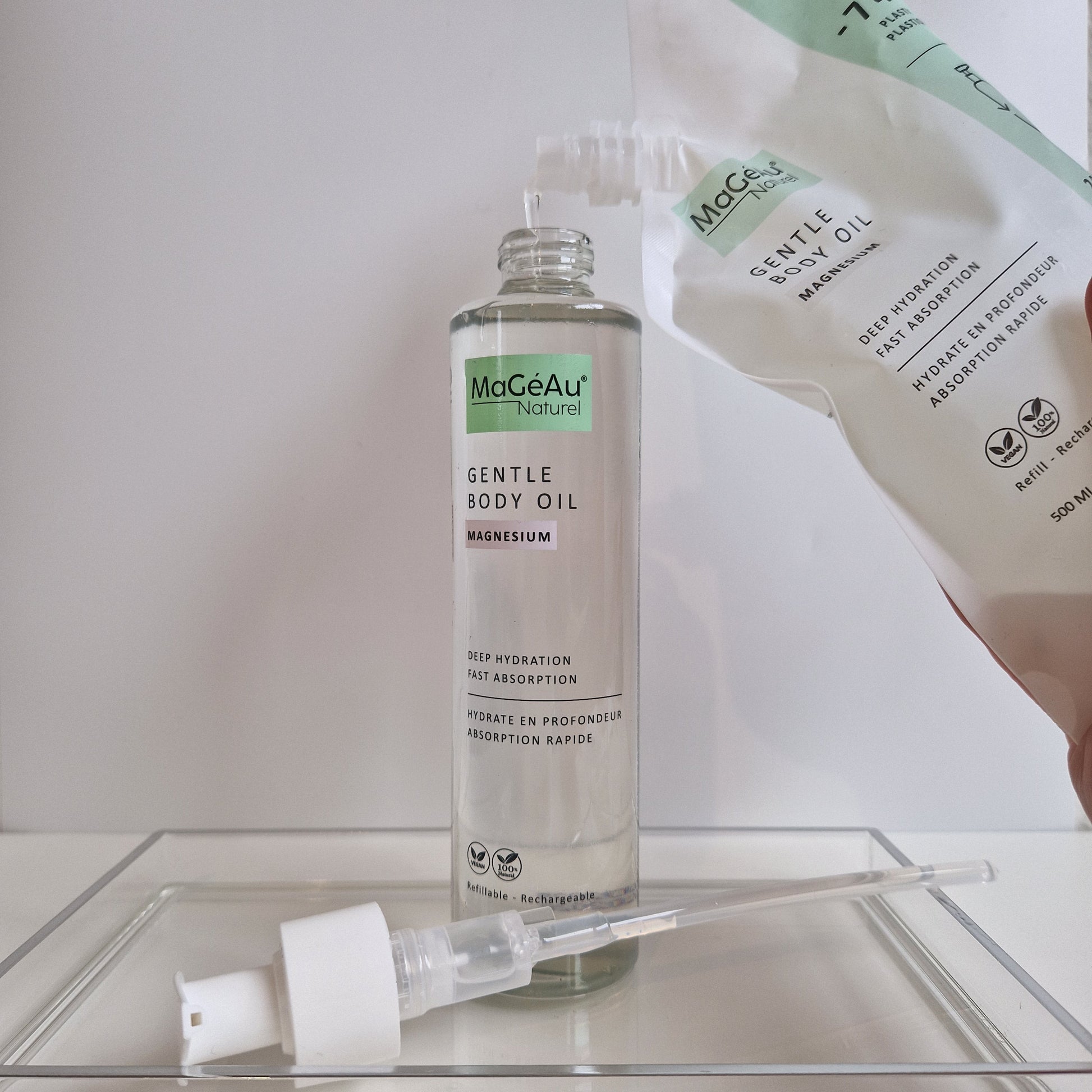 MaGeAu Magnesium Gentle Body Oil bottle with dropper on a white background