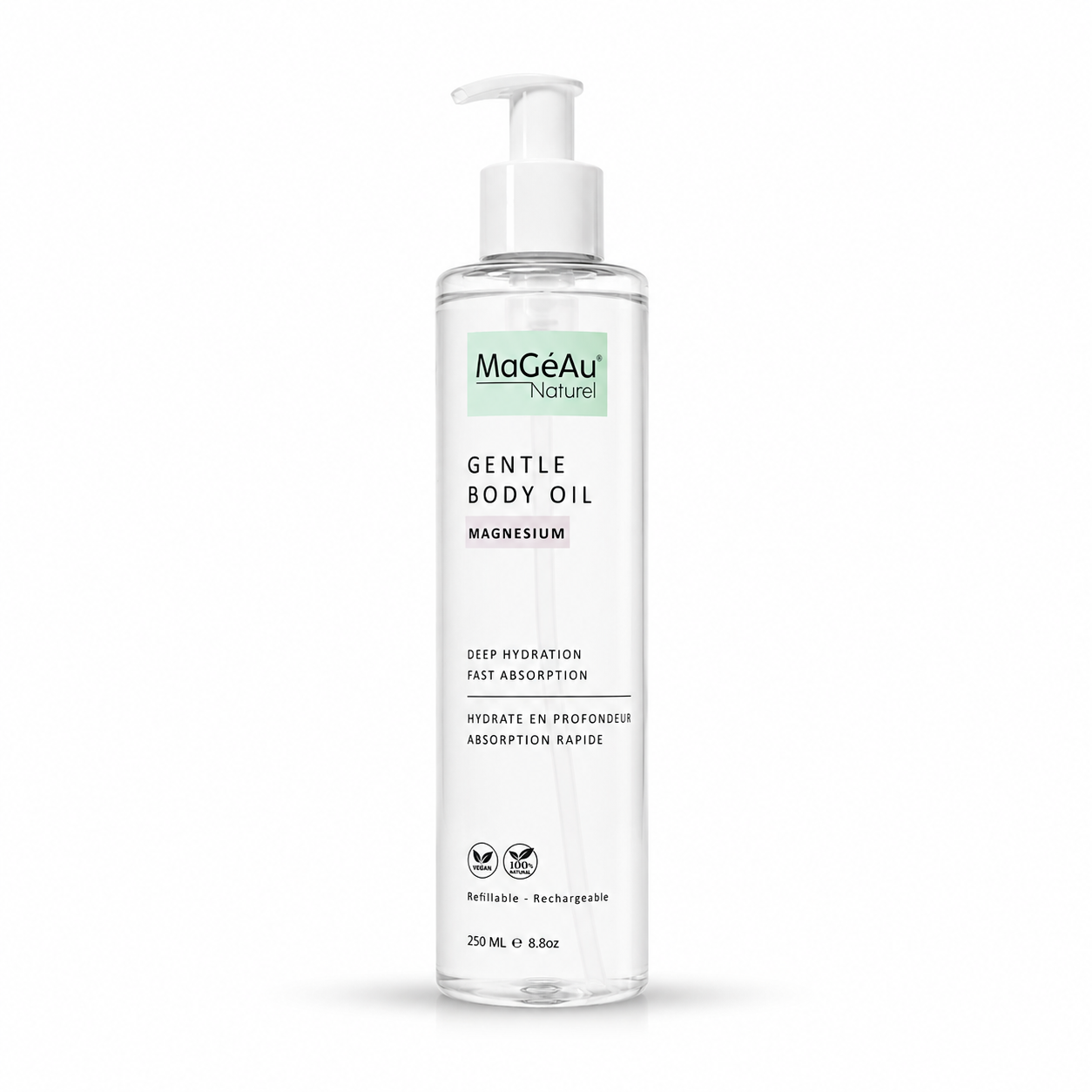 MaGeAu Gentle Body Oil bottle on a white background