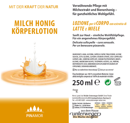 Lait miel lotion corporelle Unterweger – cosmétique naturelle pour peau sèche et sensible avec parfum nourrissant