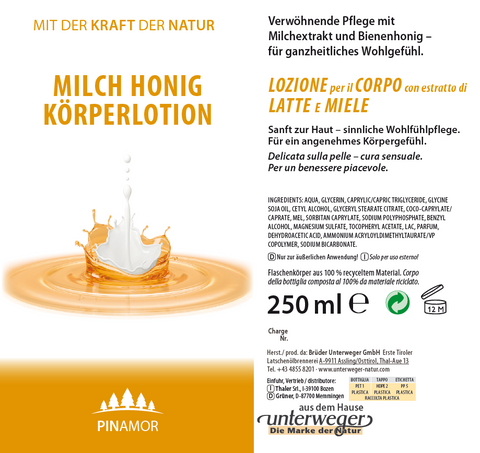 Lait miel lotion corporelle Unterweger – cosmétique naturelle pour peau sèche et sensible avec parfum nourrissant