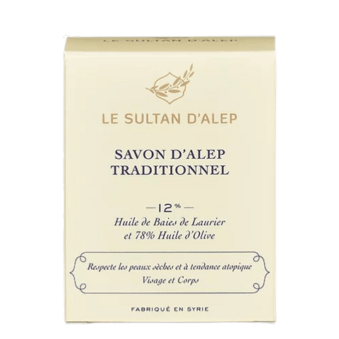 Savon d’Alep traditionnel 12% d’huile de baies de laurier et 78% d’huile d’olive, Le Sultan d’Alep, 200g*