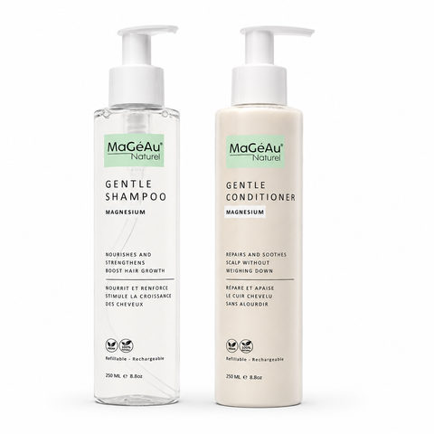 Two bottles of MaGeAu Naturel Gentle Shampoo and Conditioner on a white background