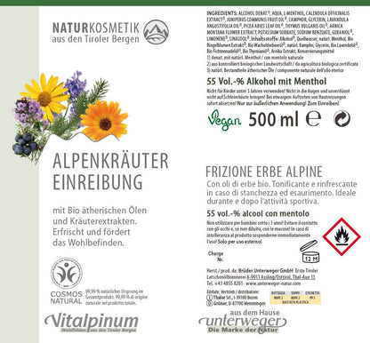 Crema attiva all’iperico e erbe dei 
Alpi di Unterweger – cosmetici naturali con arnica e oli di erbe per la cura dei muscoli