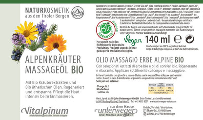 Olio da massaggio alle erbe alpine Unterweger – Bio cosmetici con arnica, abete e ginepro