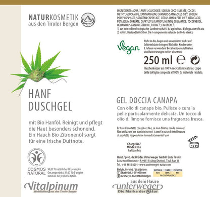 Gel douche au chanvre Unterweger 250 ml – Cosmétique naturelle à l’huile de chanvre & à l’huile de citron pour un soin délicat de la peau sensible