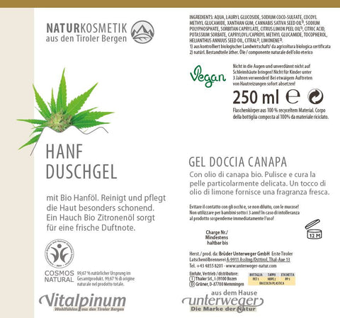 Gel douche au chanvre Unterweger 250 ml – Cosmétique naturelle à l’huile de chanvre & à l’huile de citron pour un soin délicat de la peau sensible