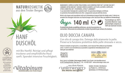 Unterweger Hanf Duschöl 140ml – Naturkosmetik mit Hanföl für trockene & empfindliche Haut
