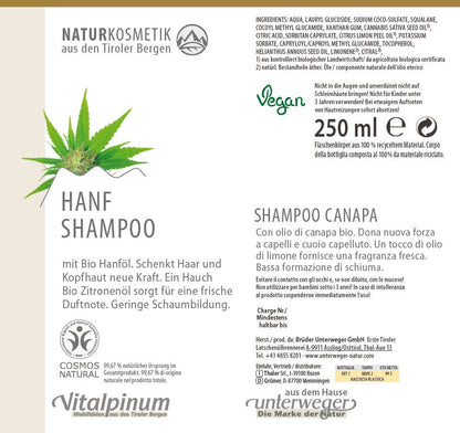 Shampoing au chanvre Unterweger 235 ml – cosmétique naturelle à l’huile de chanvre et à l’huile de citron pour prendre soin des cheveux et du cuir chevelu sensible