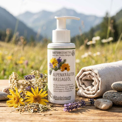 Olio da massaggio alle erbe alpine Unterweger – Bio cosmetici con arnica, abete e ginepro