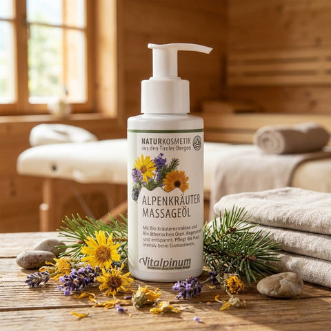 Olio da massaggio alle erbe alpine Unterweger – Bio cosmetici con arnica, abete e ginepro