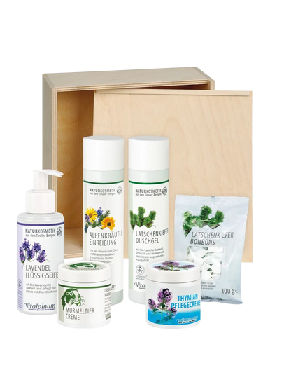 Coffret cadeau d’Unterweger Alpenpflege – Coffret de cosmétique naturelle du Tyrol avec soins aux plantes pour le corps et les sens