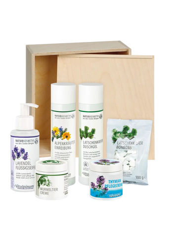 Coffret cadeau d’Unterweger Alpenpflege – Coffret de cosmétique naturelle du Tyrol avec soins aux plantes pour le corps et les sens