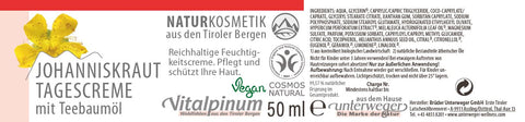 Crème de jour Unterweger 50 ml – à l’huile d’arbre à thé & au millepertuis bio pour une protection & des soins du visage de cosmétique naturelle hydratants