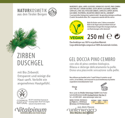 Gel doccia alla resina di cirmolo con olio biologico di cirmolo – cura del corpo rinfrescante e rivitalizzante | Unterweger 250 ml