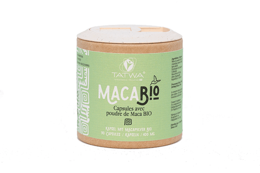 Boîte de capsules de Maca BIO de TATWA contenant 90 capsules de 400 mg, éco-responsable.