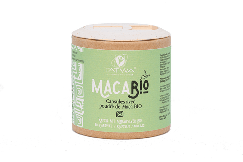 Boîte de capsules de Maca BIO de TATWA contenant 90 capsules de 400 mg, éco-responsable.